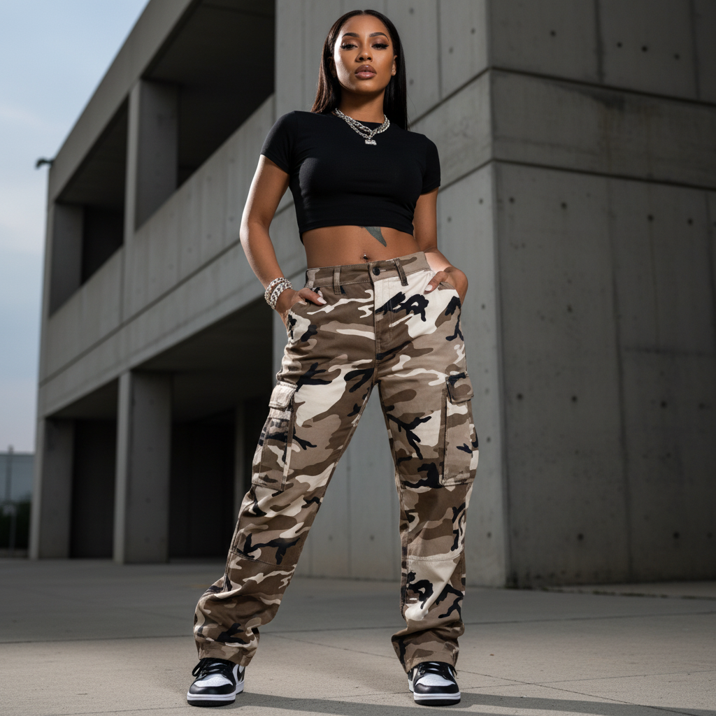 Woman wearing brown, cream, black, and grey camouflage cargo pants outside a concrete building.