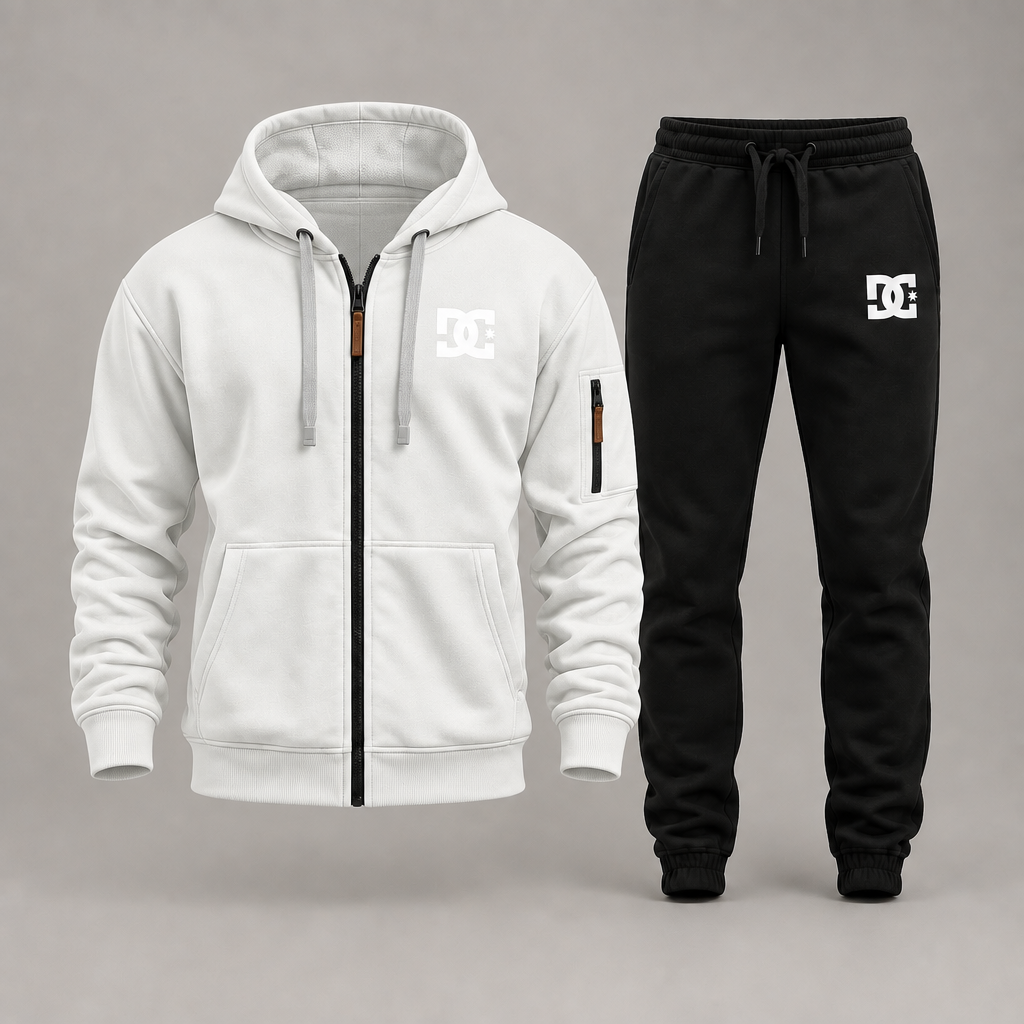 White DC zip hoodie with black joggers on a gray studio background