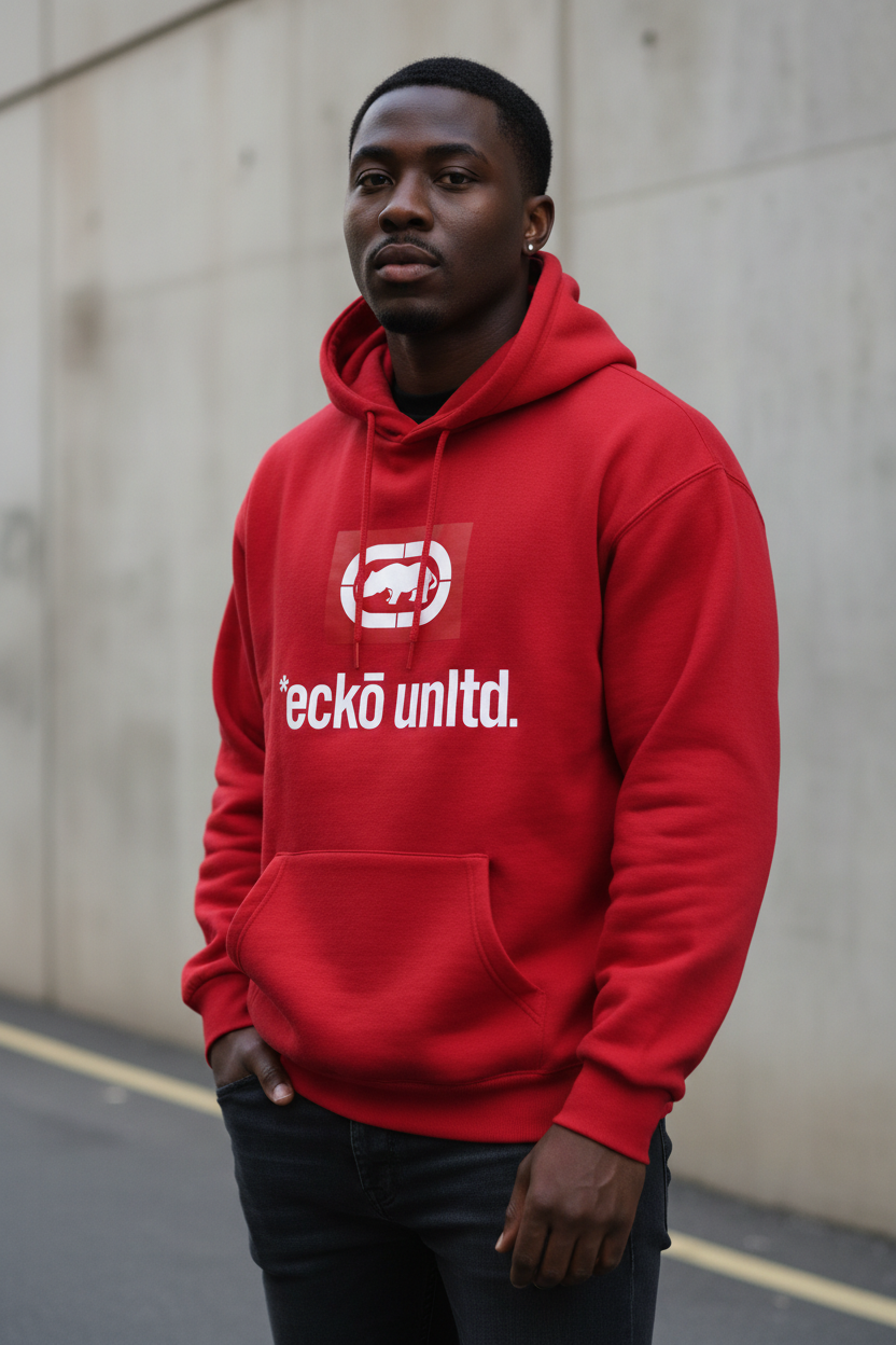 Black male model wearing the red men's rhino graphic hoodie