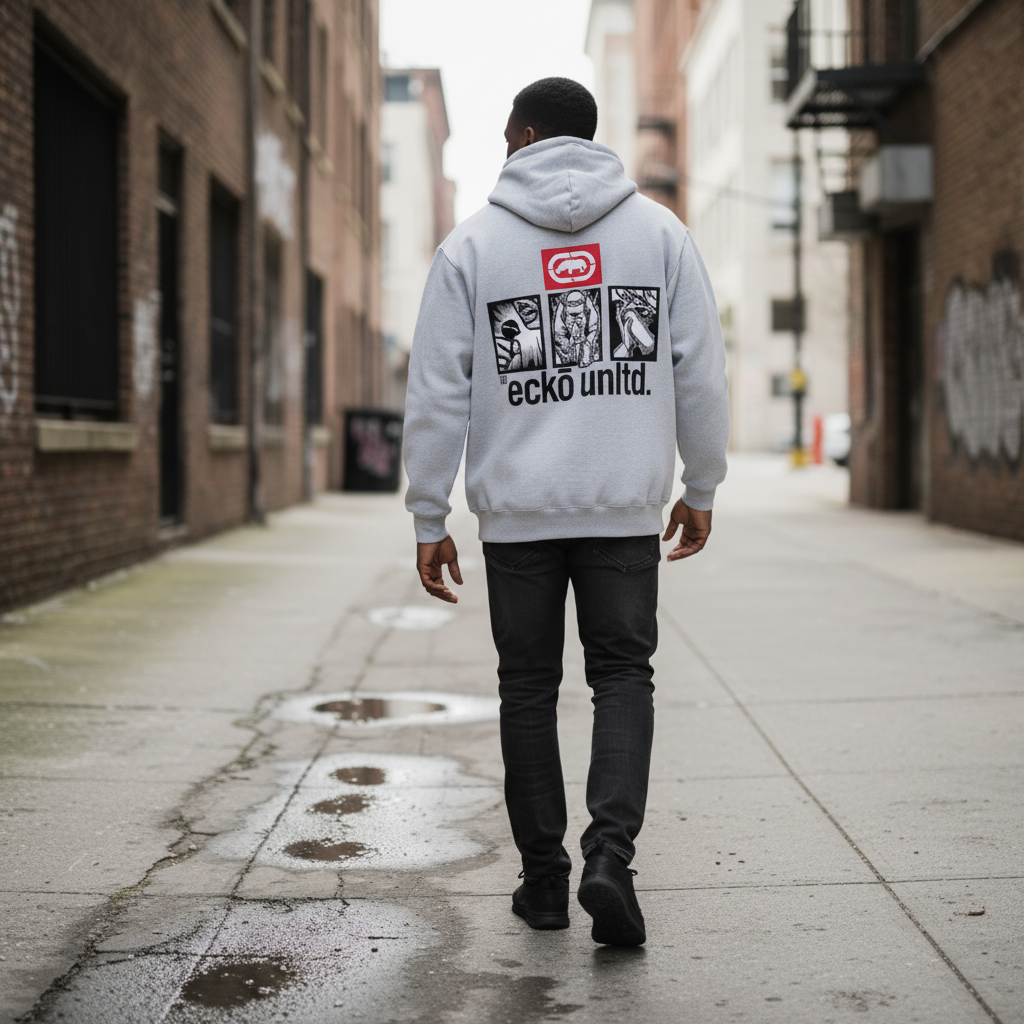 Male model walking in the light gray Men's Unltd. Graffiti Hoodie, viewed from behind