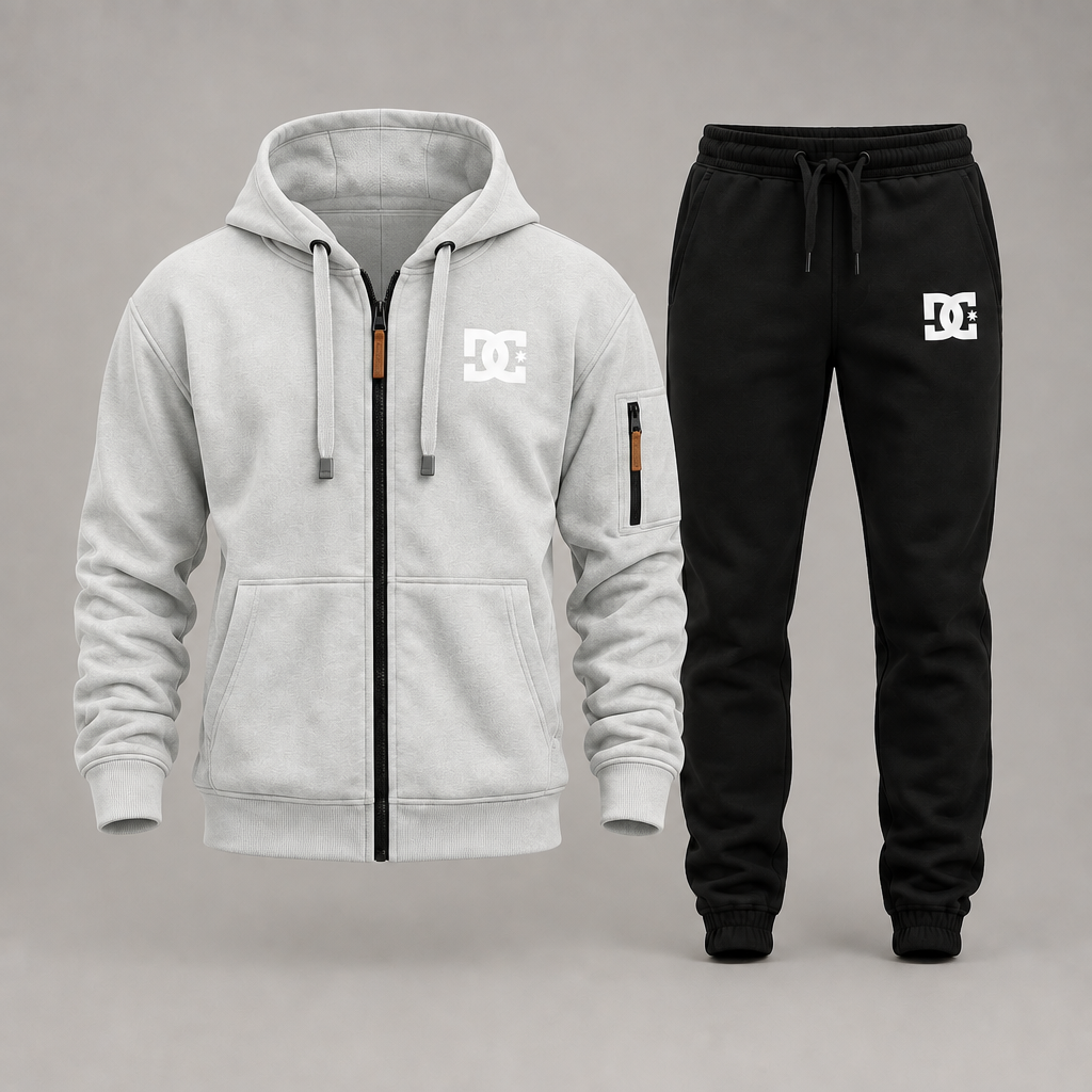 Light gray DC zip hoodie with black joggers on a gray studio background