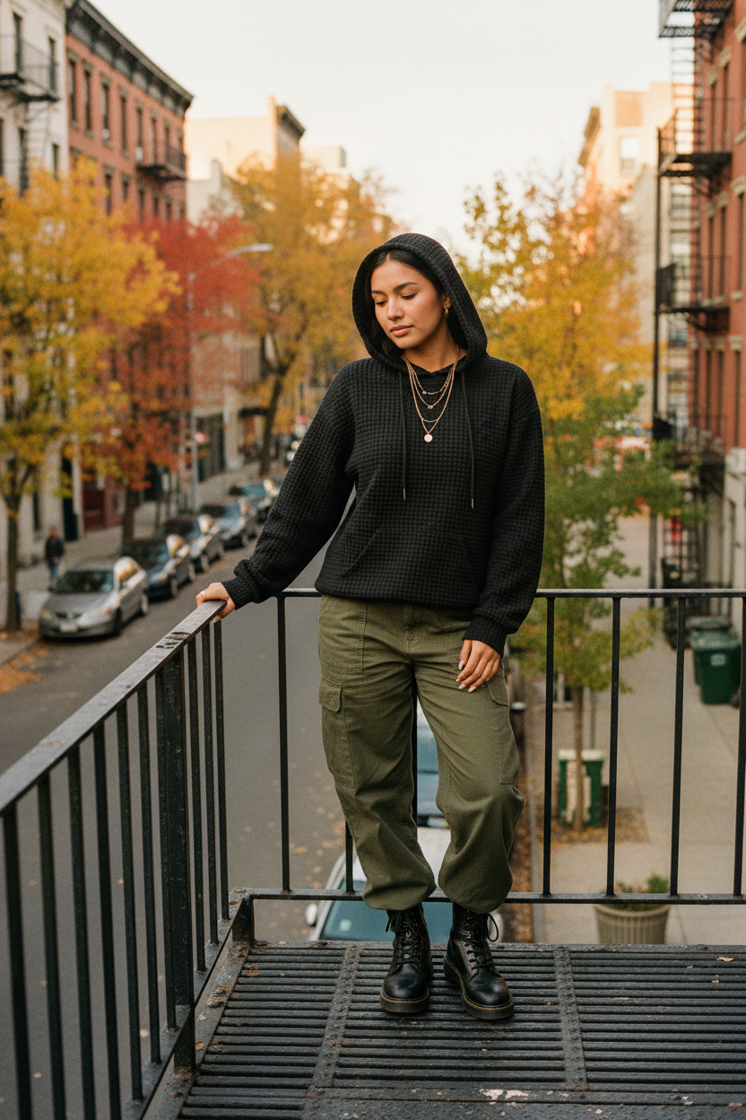 Latina woman black fire escape