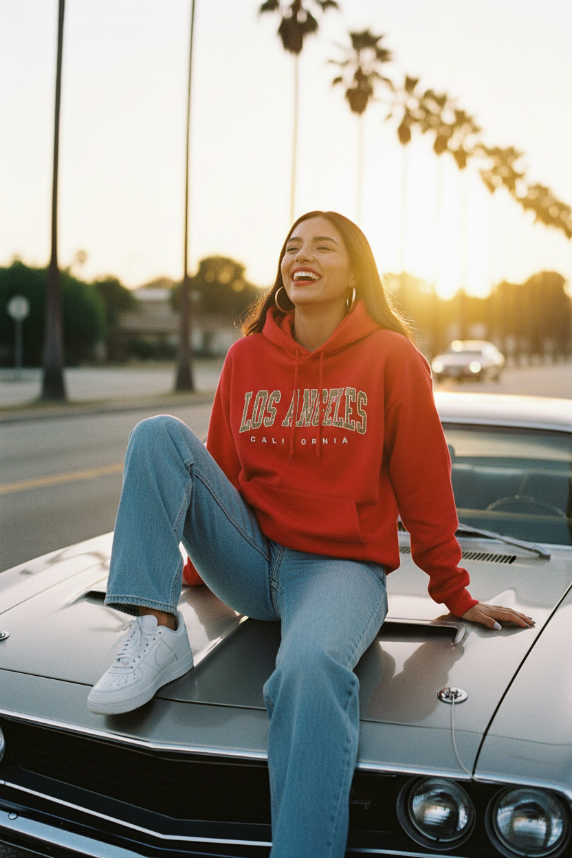 Latina woman red hoodie