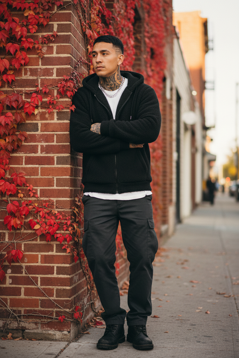 Mexican man black brick wall