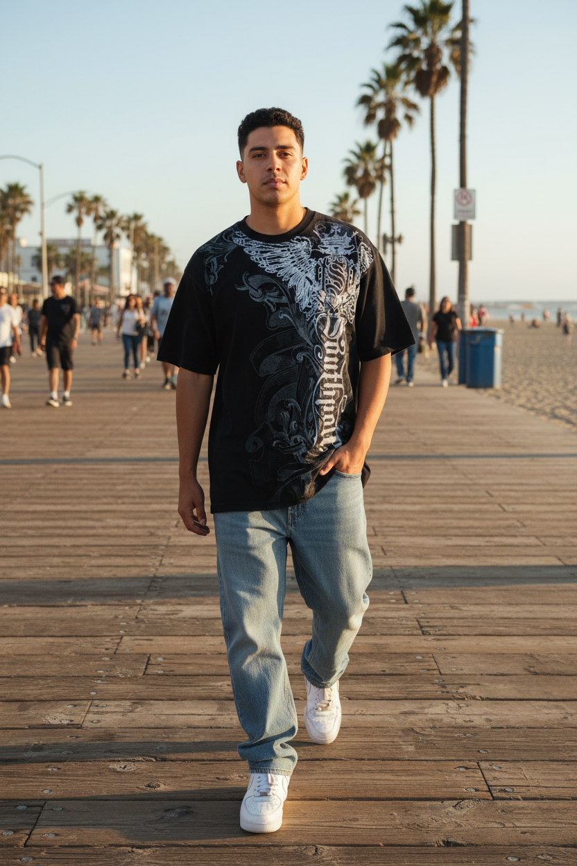 Shirt 2 – Black SP Wing Crest, Walking Venice Beach