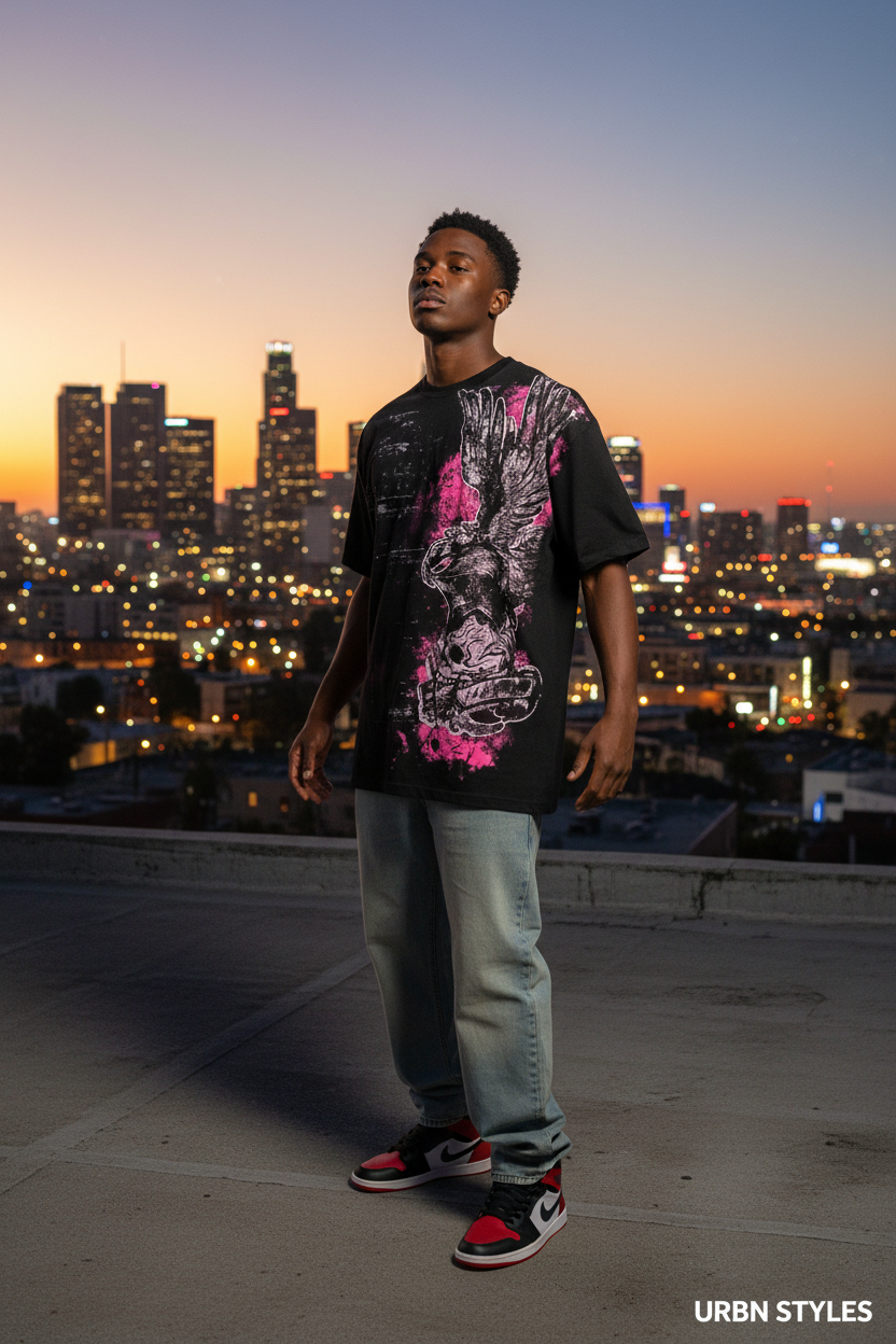 Shirt 4 – Skull Eagle Pink Splatter, Rooftop