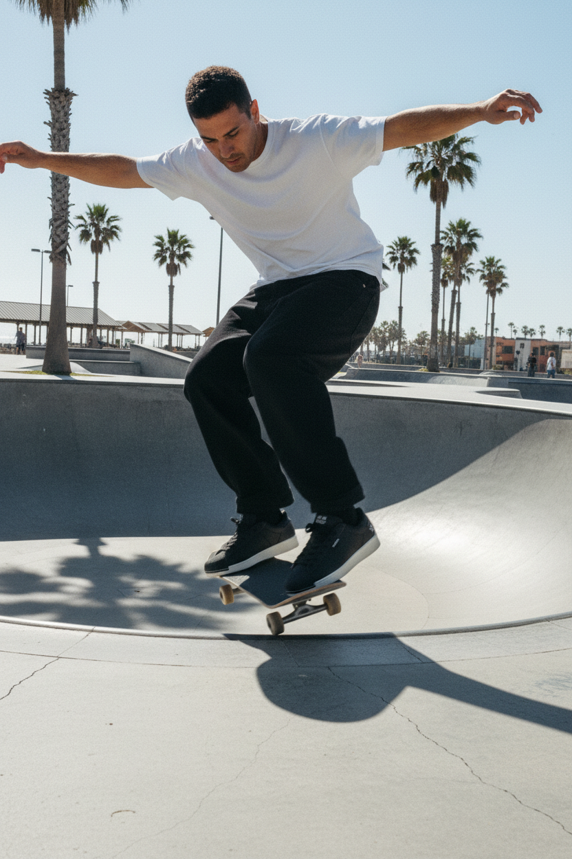 Skater carving a concrete bowl at a Venice Beach-style skatepark