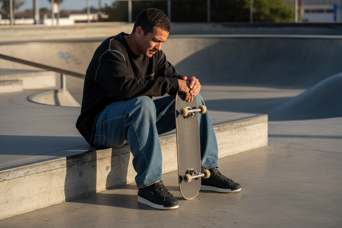 Skater seated on concrete after a run