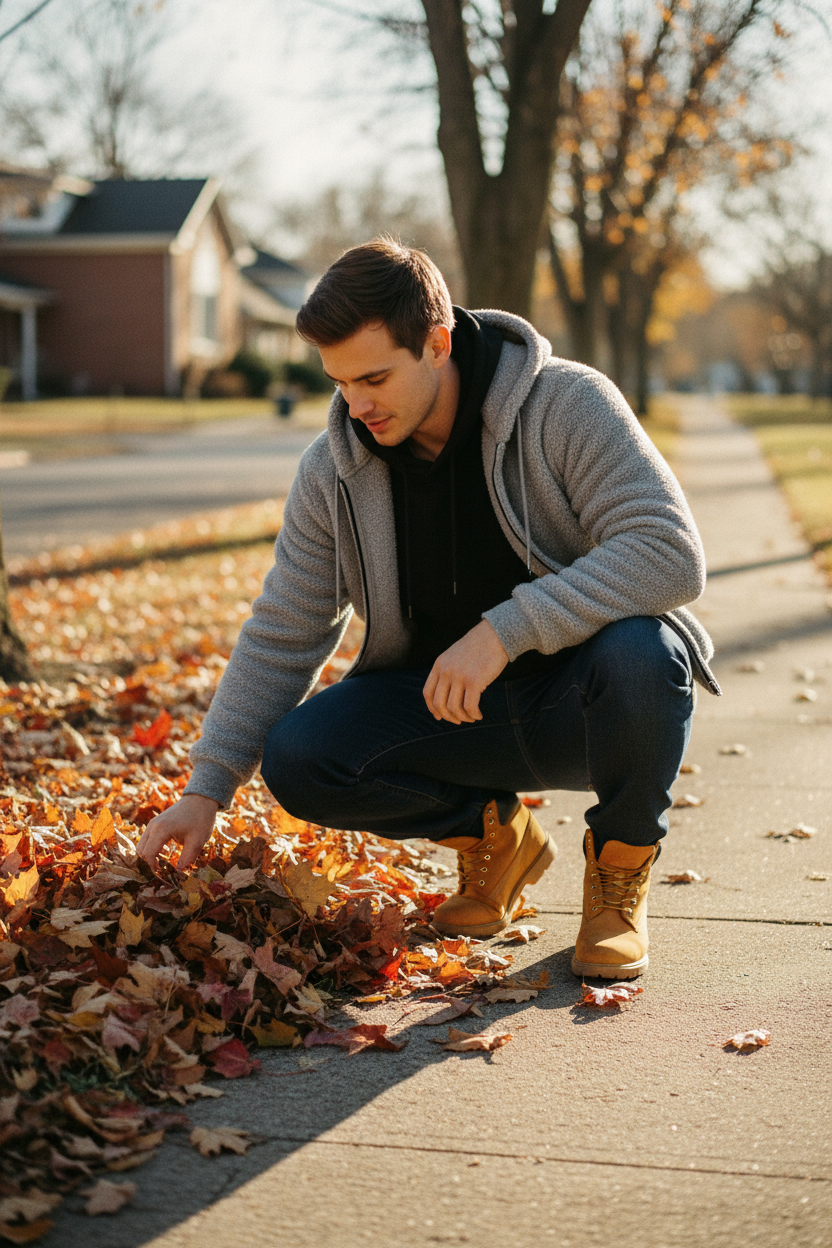 White man gray crouching