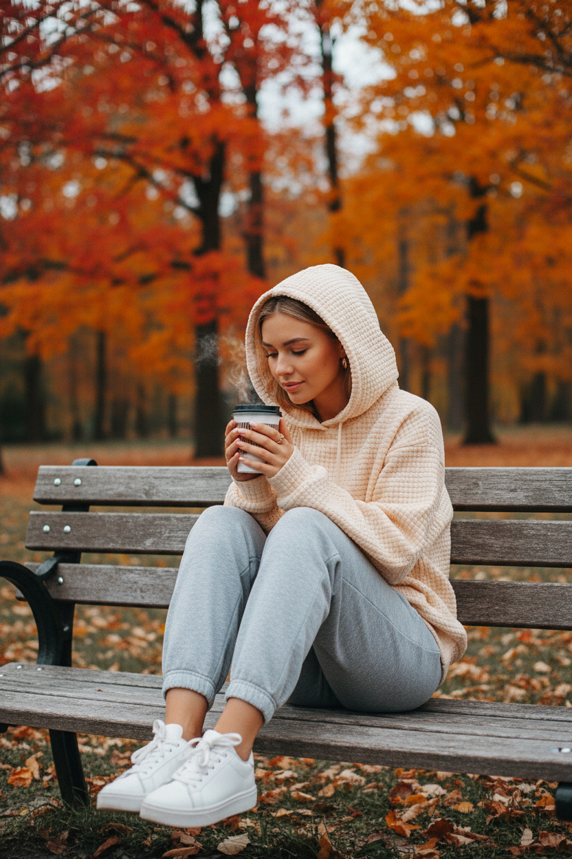 White woman apricot bench