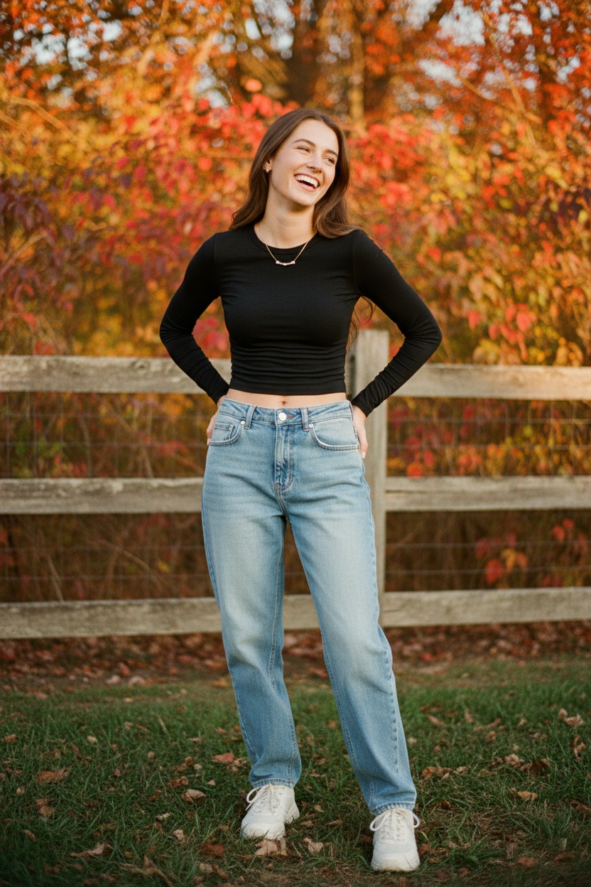 White woman black fence laugh