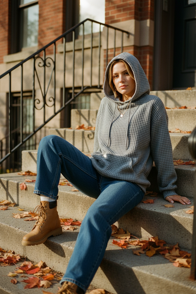 White woman dark grey stoop