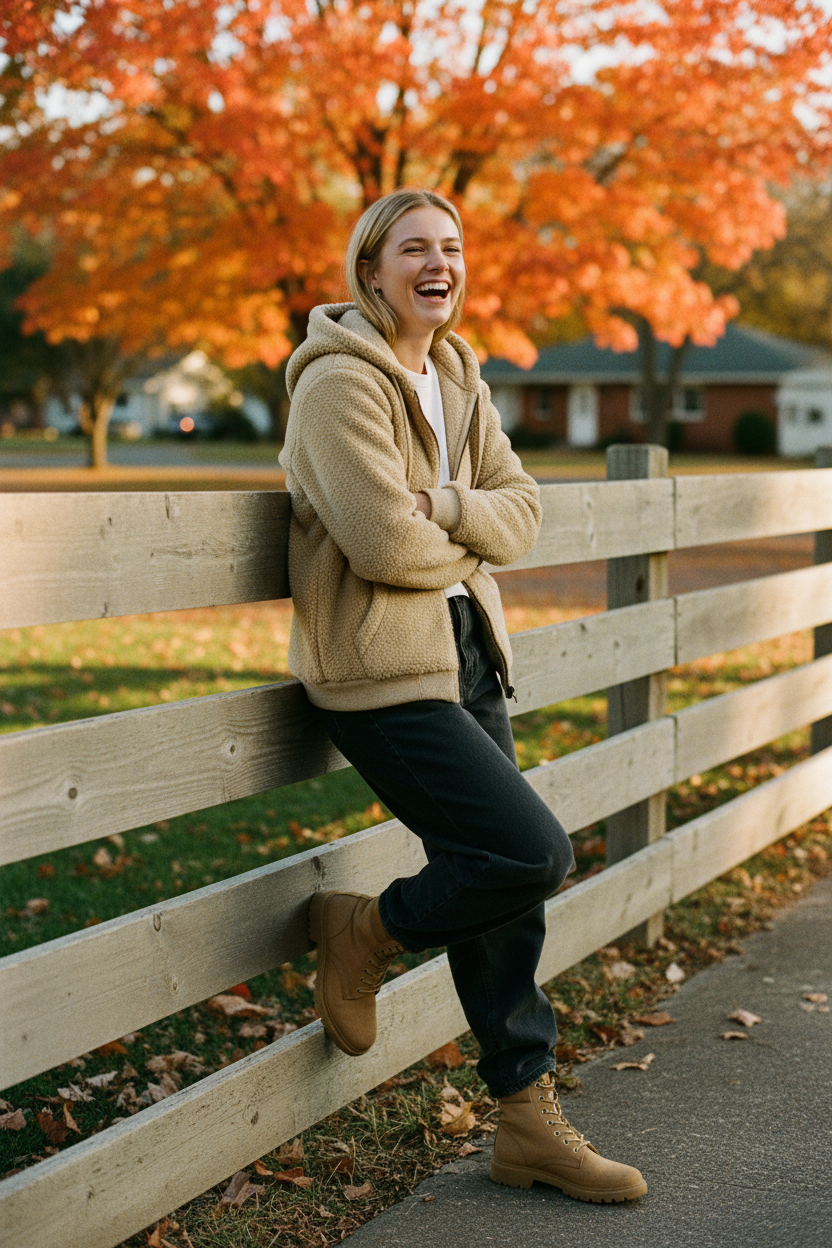 White woman khaki fence laugh