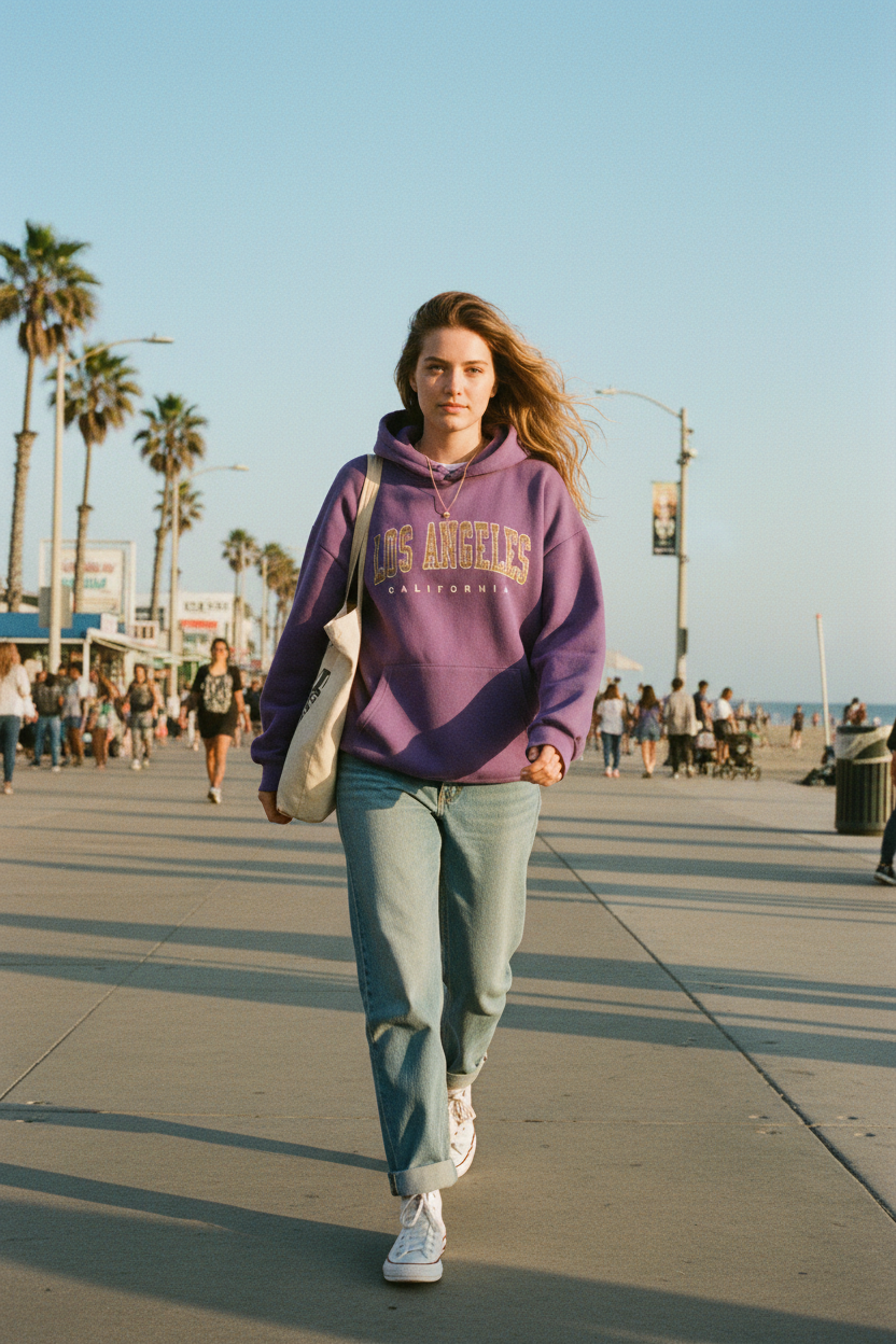 White woman purple hoodie
